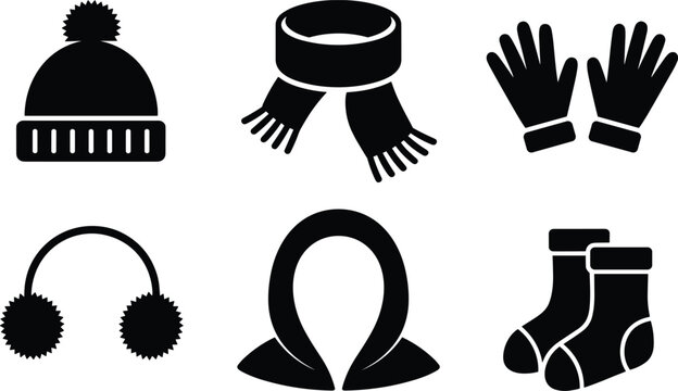 Winter clothing icons, cold weather accessories, hat, gloves, scarf, earmuffs, socks, black silhouette set