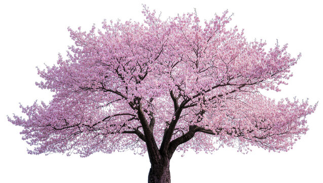Mature cherry blossom tree with abundant pink flowers, isolated on transparent background
