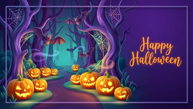Spooky halloween forest path lined with carved jack-o-lantern pumpkins and flying bats amid twisted trees and spider webs. Festive holiday illustration concept for seasonal cards and decorations