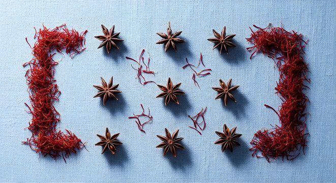 Red saffron threads and star anise seeds arranged in a symmetrical pattern on blue fabric. Gourmet culinary spices flat lay for cooking, aroma, and wellness concepts.