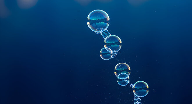 Iridescent bubbles rising in deep blue liquid, effervescent carbonation for soda or cocktail, molecular gastronomy sugar spheres, refreshing dessert presentation, liquid texture.