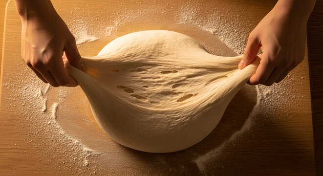 Hands stretching raw dough on floured wooden surface, showing elastic texture and gluten structure for sourdough baking, professional culinary prep, rustic kitchen atmosphere.
