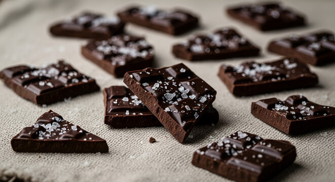 Artisan dark chocolate pieces sprinkled with flaky sea salt crystals on rustic linen background, gourmet cocoa bites, bittersweet dessert, elegant food styling, moody lighting.