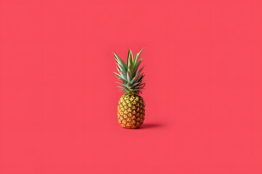A vibrant pineapple standing alone on a bright pink background with green leaves