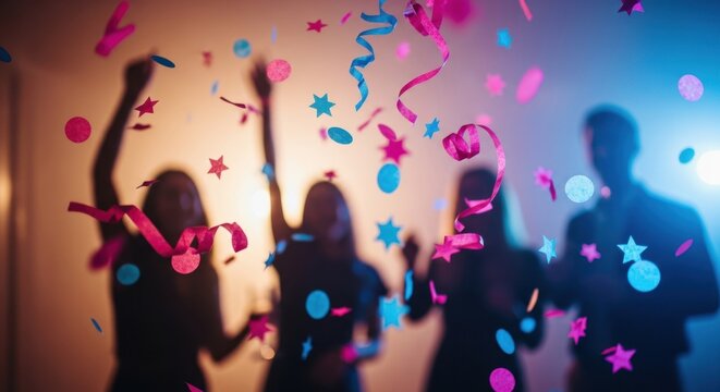Silhouettes of cheerful people dancing at a corporate party or night club. Happy friends and colleagues celebrating success with falling colorful confetti in bright neon light