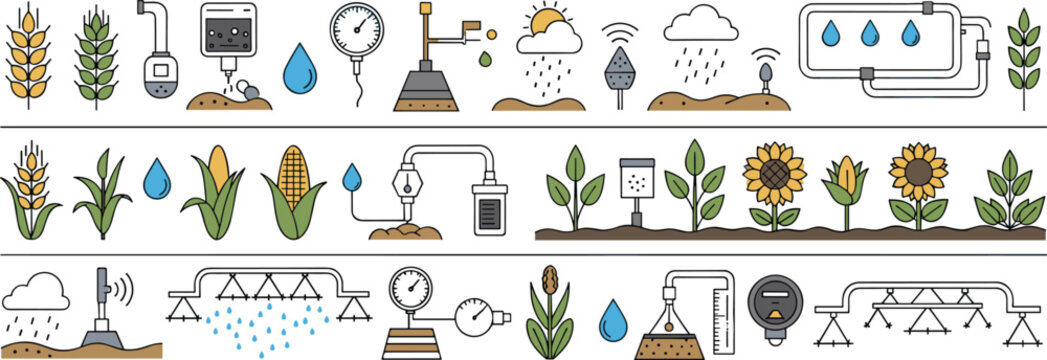 Agriculture irrigation and crop monitoring system vector illustration with soil sensors water management and smart farming elements for sustainable agritech design