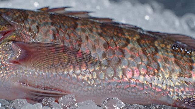 Closeup of a Fresh Fish Covered in Ice and Water.