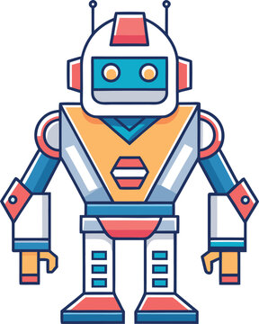 Geometric robot with angular body and helmet, red white and blue colors, standing, industrial design, modern style.
