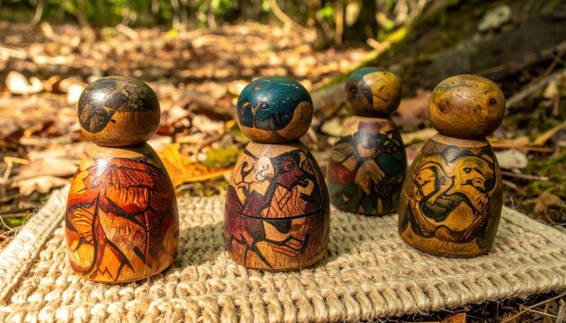 Hand painted wooden tokens featuring stylized animal factions arranged on a woven natural mat in a woodland setting.