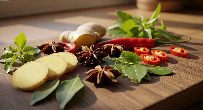Fresh aromatic ginger slices, star anise, and red chili peppers on a rustic wooden board, sunlit kitchen scene for culinary concepts and healthy cooking preparations.