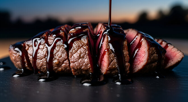 Juicy sliced beef steak drizzled with dark glossy balsamic glaze, gourmet meat presentation on black slate, professional culinary photography, moody sunset background lighting.