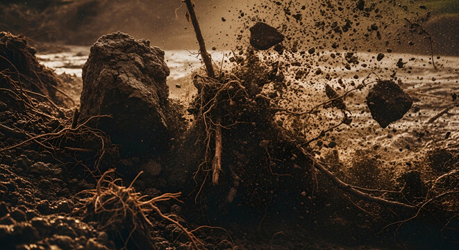 Landslide with flying debris and exposed roots, violent earth movement during mudslide, soil erosion natural disaster scene, geological upheaval and environmental destruction.