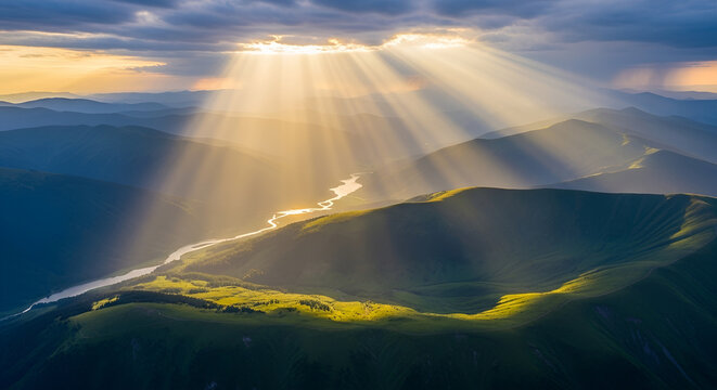 Sun rays breaking through dark storm clouds over lush green valley and winding river, dramatic atmospheric landscape symbolizing hope after storm, climate resilience, and peace.
