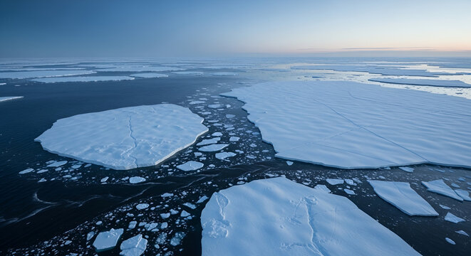 Arctic ice floes melting and breaking apart in the ocean, climate change disaster, global warming impact, fragmented sea ice, polar landscape at dawn, environmental crisis.