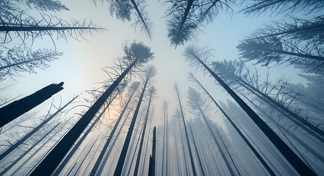 Charred forest trees after wildfire under smoky haze, environmental destruction and climate change aftermath, low angle view of burned timber in eerie foggy desolation.