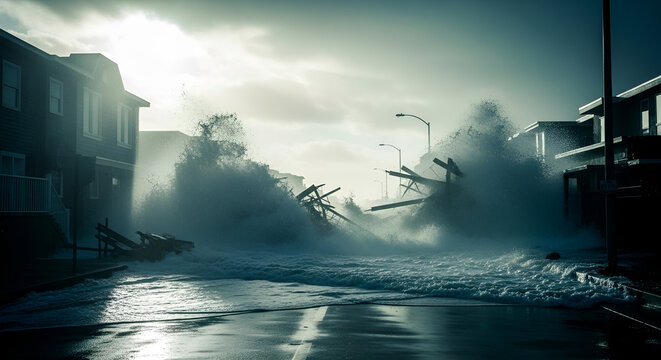 Storm surge crashing into coastal residential area, massive tidal wave flooding urban streets, destructive natural disaster, climate change impact, emergency weather event.
