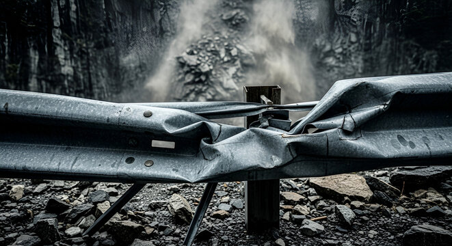 Crushed metal guardrail damaged by rockfall landslide, dangerous mountain road safety hazard, natural disaster impact, geological disaster, infrastructure failure, hazardous area.