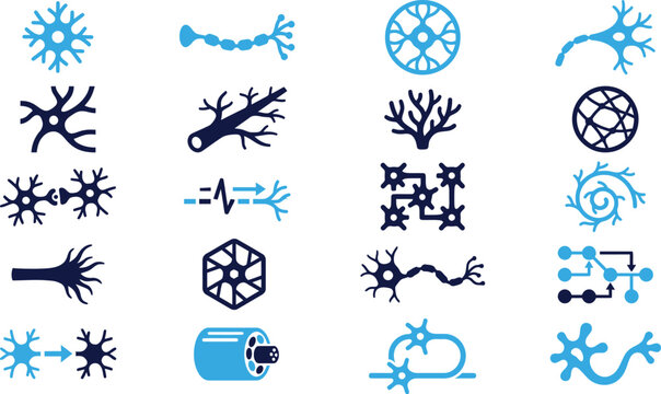 Abstract blue and dark blue neuron and neural network icons on white background.