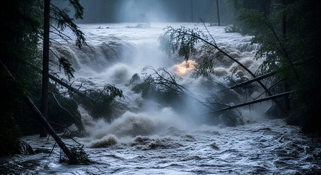 Raging floodwaters surge through a dense forest, uprooting trees and causing massive destruction. Intense natural disaster scene with turbulent rapids, debris, and storm mist.