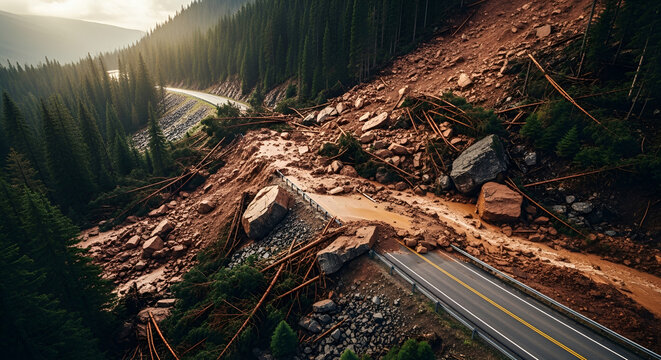 Landslide blocking mountain highway with fallen trees and massive boulders, mudslide debris obstructing road, natural disaster destruction, infrastructure damage, forest hazard.
