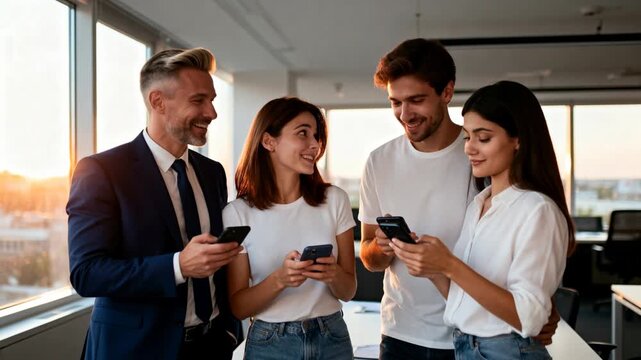 Business team including manager and young professionals using smartphone in office. Colleagues looking at digital device screens during meeting in modern workplace.