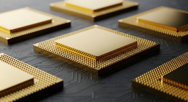 Golden CPU microprocessors on dark circuit board representing high-performance computing, AI hardware, advanced semiconductor technology, and premium electronic components.
