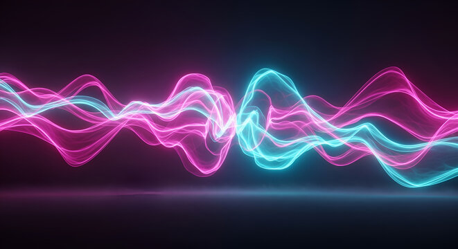 Abstract digital energy waves in neon pink and cyan, glowing fiber optic data streams against dark background, futuristic technology visualization, sound wave frequency concept.