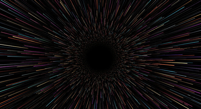 Abstract hyperspace warp speed background featuring colorful light streaks radiating from central void, representing fast data transfer, high-speed connection, and sci