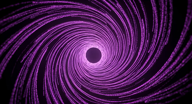 Purple particle spiral vortex creating a futuristic digital tunnel, abstract energy motion background for technology and data transfer, glowing violet light trails in deep space.
