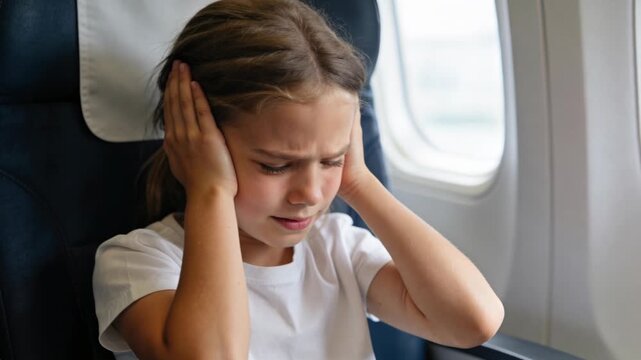Girl covering her ears in airplane seat. Child experiencing pressure pain during flight. Kid feeling travel discomfort and loud noise while sitting by window.