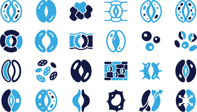 Set of plant stomata icons and biological cell symbols for botany and science research blue illustrations.