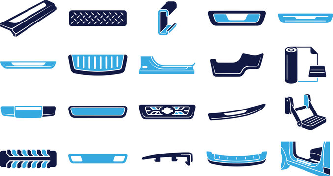 Automotive parts icons, car accessories collection including door sills, floor mats, and pedals.