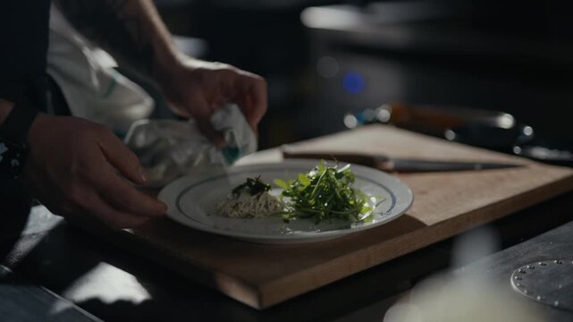 Hands delicately arrange greens on a plated dish. Wooden board and knife suggest a professional kitchen. Focus on the final touch of culinary presentation. Ideal for food, restaurant