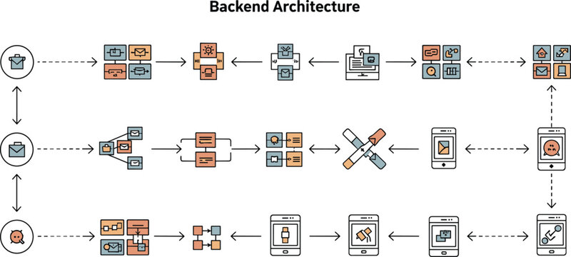 Backend architecture workflow vector diagram with microservices APIs databases and system integration for scalable software development and cloud infrastructure design