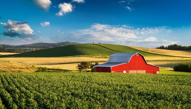 red barn amidst vibrant fields of crops