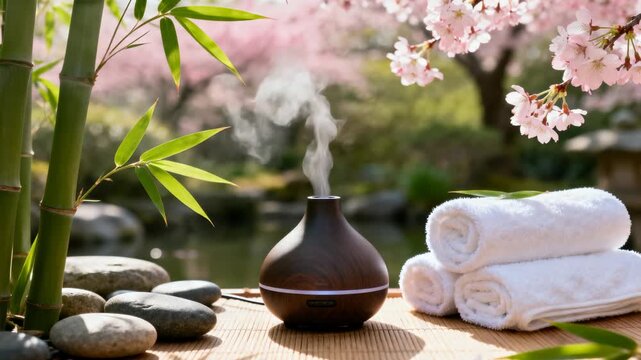 Aromatherapy diffuser with steam in zen garden. Relaxation spa setting with bamboo and towel. Wellness concept for meditation and stress relief in spring outdoor.