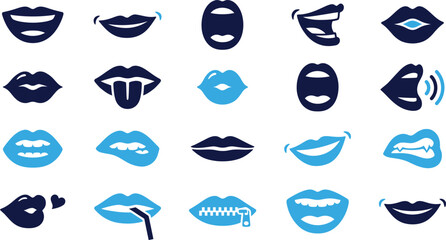 Set of lip and mouth icons representing expressions and communication. © ParvejBD