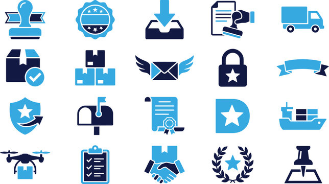 Shipping icons package stamp mail truck drone handshake certificate ribbon shield mailbox delivery symbols.