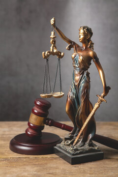 Law theme, mallet of the judge, wooden gavel and scales of justice