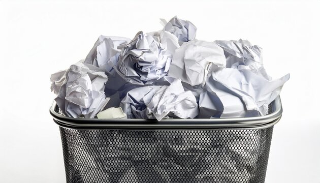 overflowing trash bin filled with crumpled paper isolated white background symbol of waste overproduction and discarded ideas