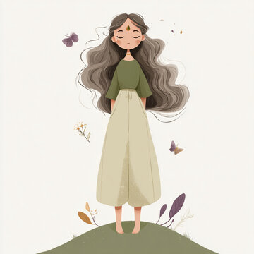 A modern cartoon girl with a bohemian style. The color palette is earthy and soft: purple, olive, cream, and dusty pink. The overall feeling is grounded, calm, and connected to nature.
