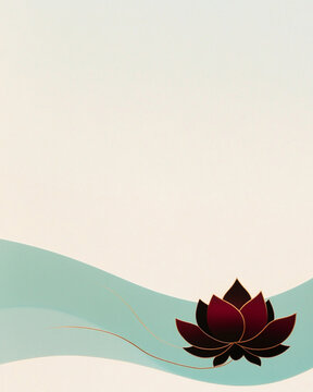 A vertical postcard with an abstract fusion of a yoga lotus flower. The background is a serene, solid pale blue-grey . The vast empty space conveys peace and spaciousness