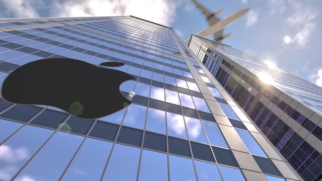 Apple logo silhouette attached to a massive glass facade, an illustrative editorial 3d rendering