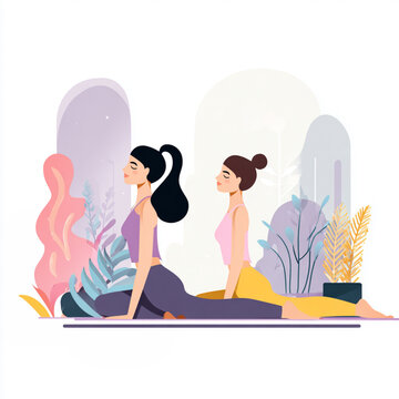 Young women in Upward dog pose in Yoga studio. Modern vector illustration, pastel purple, pink, yellow and mint colors, white backround, calm and balanced.