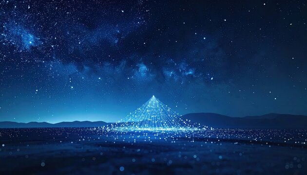 A glowing quantum superposition structure appearing as a radiant constellation of light against a dark cosmic galaxy, symbolizing the complex mystery of modern subatomic physics research.
