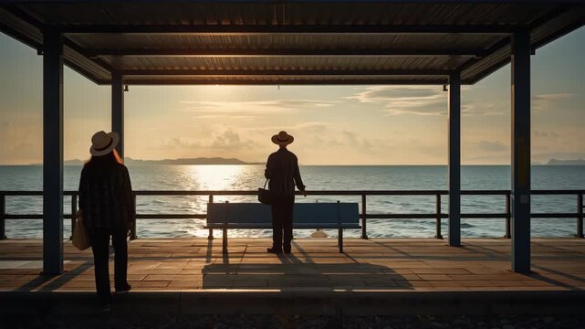 夕景の海辺で出発前に立つ日本人高齢旅行者の静かな待合所