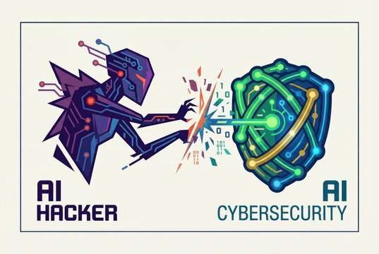 AI hacker and cybersecurity illustration illustrating the ongoing battle between artificial intelligence exploitation and digital defense mechanisms showcasing complex networks and coding