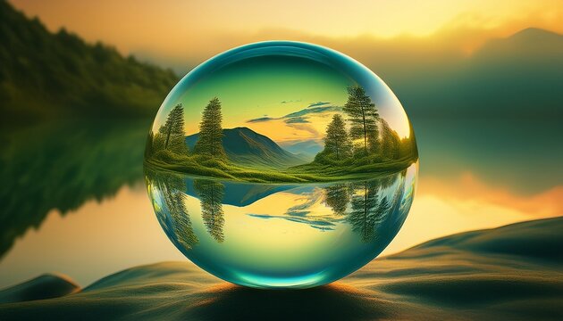 a crystal ball photography shot where a landscape is reflected upside down inside a glass sphere