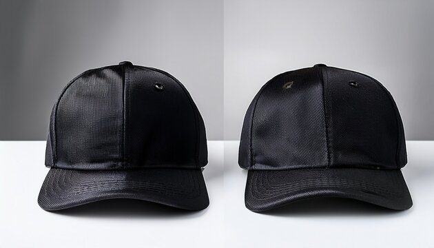 black baseball caps mockup on a grey background front and back side