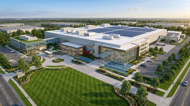 Aerial view of a large modern building with solar panels on the roof surrounded by a parking lot and green lawn in a suburban area.